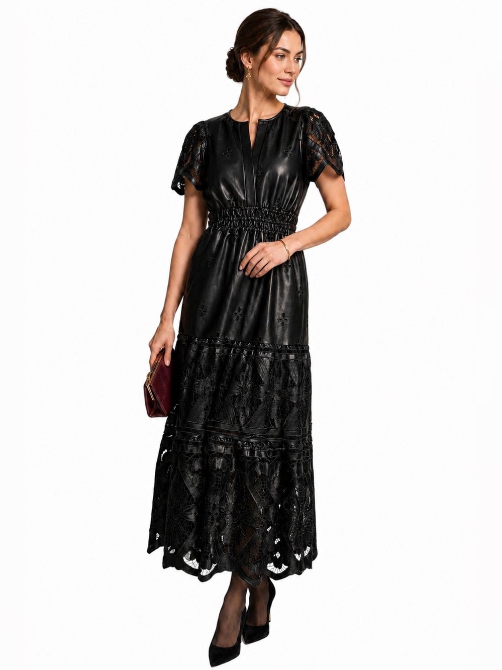 Anthropologie Somerset Faux Leather Embroidered Eyelet Tiered Maxi Dress Black L